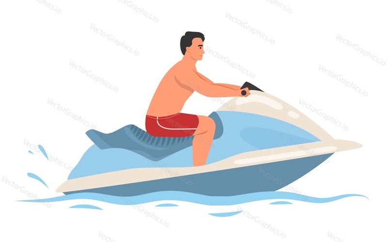 Young man character riding on water bike jet vector illustration. Male person tourist enjoying resort beach activities. Summer vacation leisure, extreme water sports recreation concept