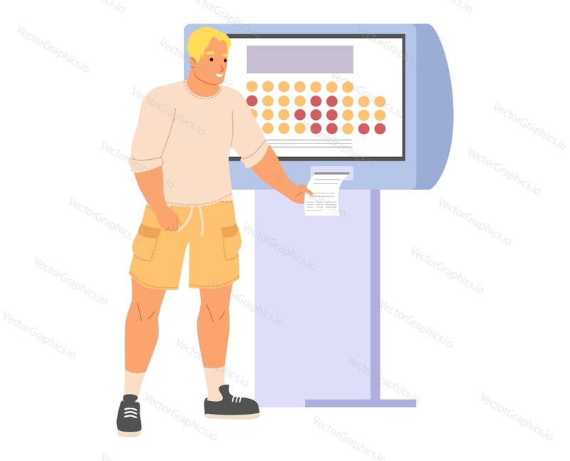 Мужчина, использующий киоск кинотеатра самообслуживания для покупки билетов векторная иллюстрация, изолированная на белом фоне