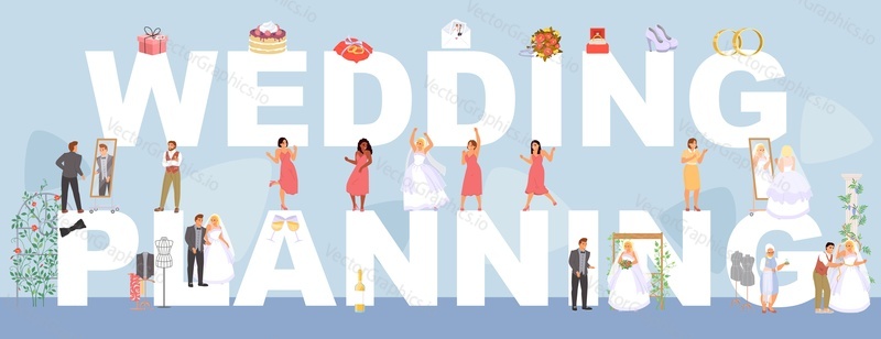 Векторная иллюстрация плаката по планированию свадьбы с огромными буквами и крошечными счастливыми людьми в виде жениха и невесты, родственников, готовящихся к празднованию вечеринки