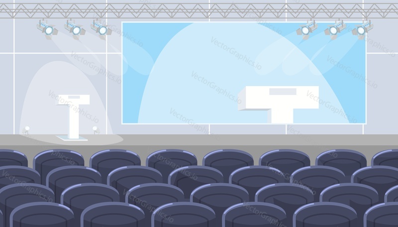 Empty conference hall with podium on stage, tv screen and seats for guests audience interior vector illustration. Modern auditorium for speech presentation, symposium and business training