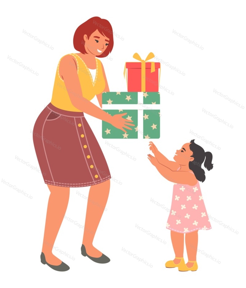 Mother presenting lots of wrapped gift box to little girl daughter vector illustration. Happy kids birthday congratulation, festive event celebration and family loving relations concept