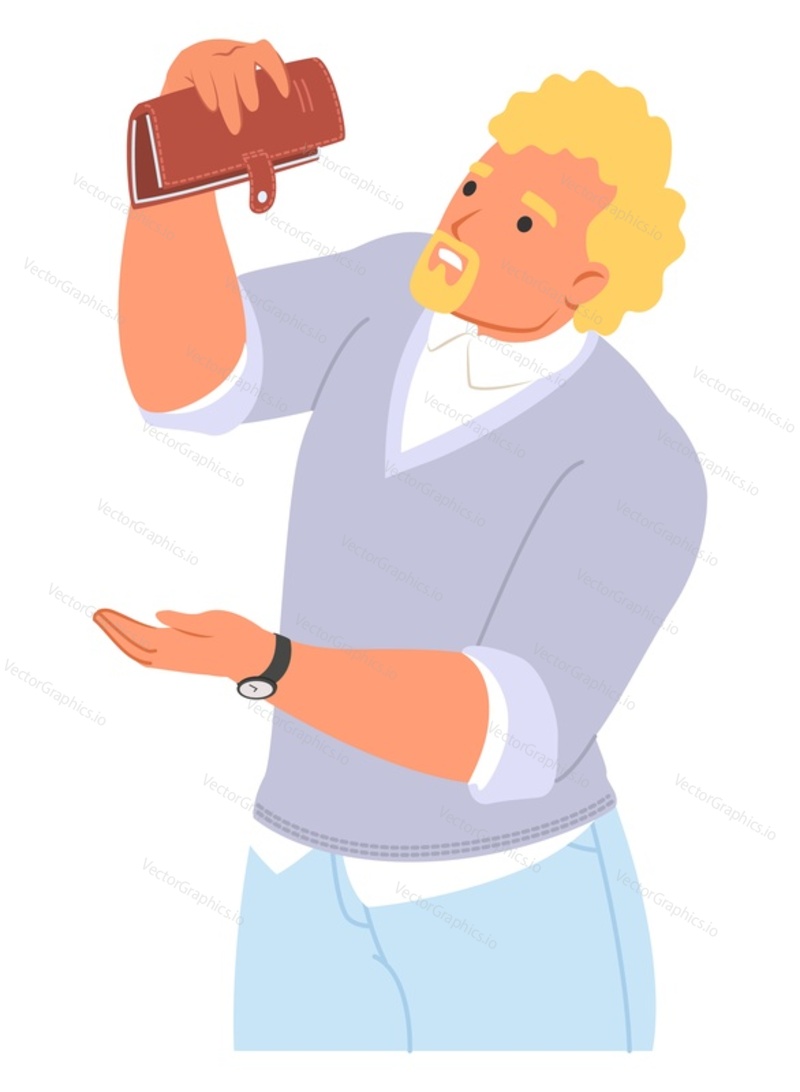 Poor man character holding empty wallet shaking hoping to find money vector illustration. Male person bankrupt with no money having financial problems portrait isolated on white background