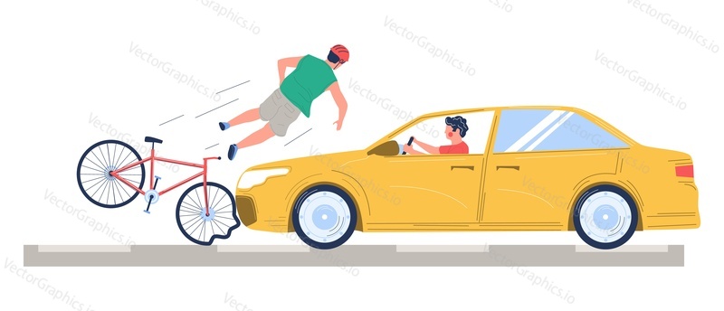 Highway road traffic accident with bicyclist and car driver vector illustration. Automobile collision with bike at crosswalk