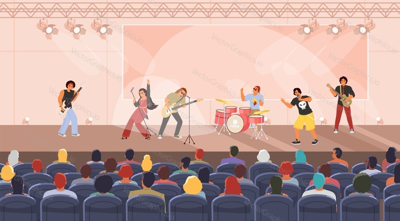 Rock band performing concert playing musical instrument and singing song in microphone on stage under spotlight scene lamp for audience vector illustration