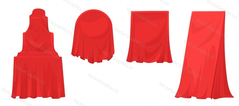 Red art cloth cover vector illustration. Fabric curtain to hide object under for surprise isolated set. Silk drapery, satin blanket for exhibition, display, fashionable presentation