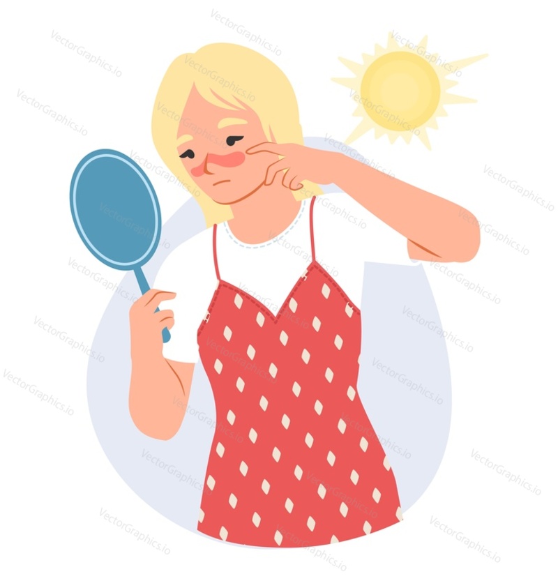 Молодая женщина, страдающая от солнечных ожогов на лице, смотрит на зеркальную плоскую мультяшную векторную иллюстрацию. УЛЬТРАФИОЛЕТОВОЕ излучение повреждает кожу в жаркий летний день