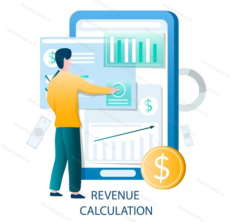 Revenue calculation vector illustration. Cartoon tiny man accountant character standing in front huge mobile phone using digital application for income reporting, filling tax form, counting profit