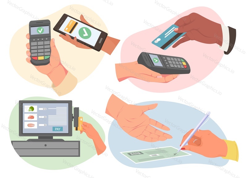 Different payment methods set. Human hands holding digital gadget, using credit card and pos terminal for contactless pay, writing bank check, making purchases with mobile NFC technology