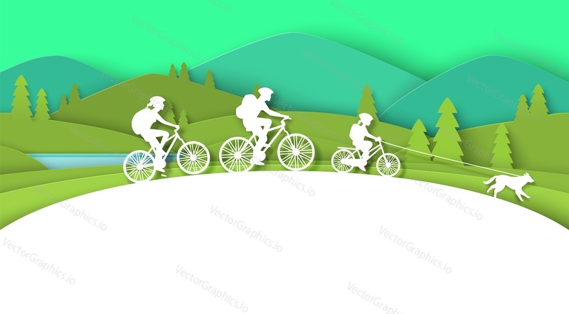 Family bike travel paper cut craft style vector illustration. Happy parent, child and dog spending time outdoors cycling together in nature origami poster