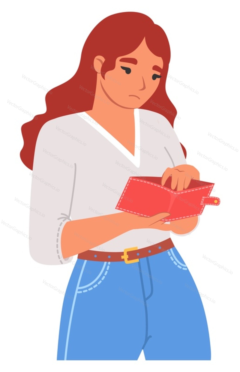 Sad unhappy woman looking in empty wallet vector illustration. Poor female character feeling stress having lack of money, bankruptcy due to unemployment and financial crisis