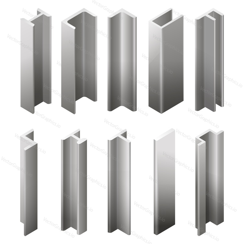 Макет железного профиля, конструкционный набор металлических балок, выделенный на белом фоне. Разнообразие форм материалов для металлургии и строительной промышленности для векторной иллюстрации арматуры
