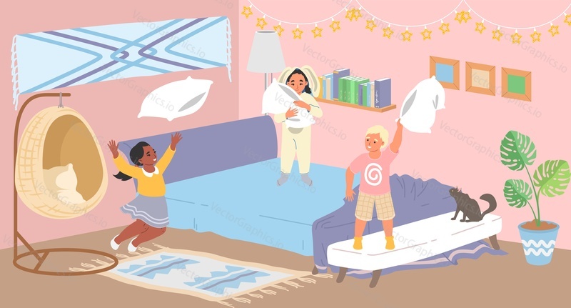 Счастливые обрадованные дети-персонажи веселятся, сражаясь подушками в домашней векторной иллюстрации в спальне. Возбужденные дети прыгают по кровати, поднимая шум. Радостное детство и свободное время вместе