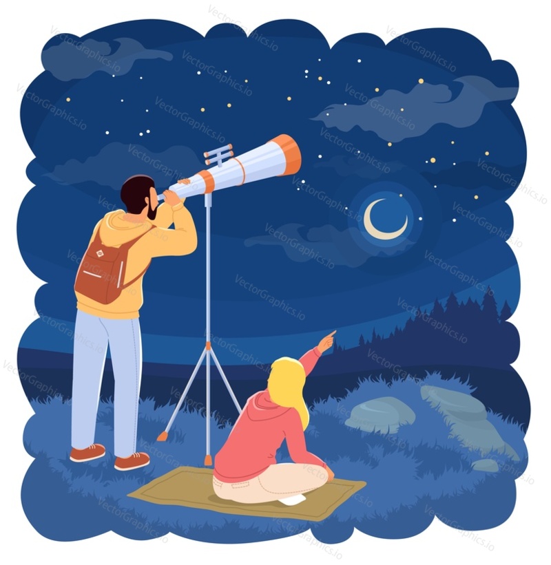Happy young couple exploring starry sky looking through telescope spending time together during romantic dating outdoors vector illustration