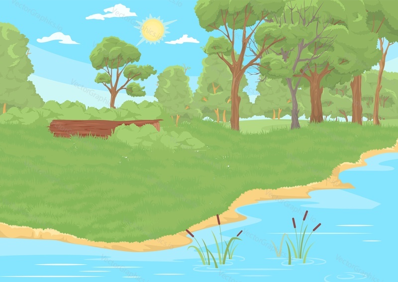 River side landscape with green grass, trees, reeds growing in water. Summer season vector background illustration with lake coast and forest. Nature outdoors