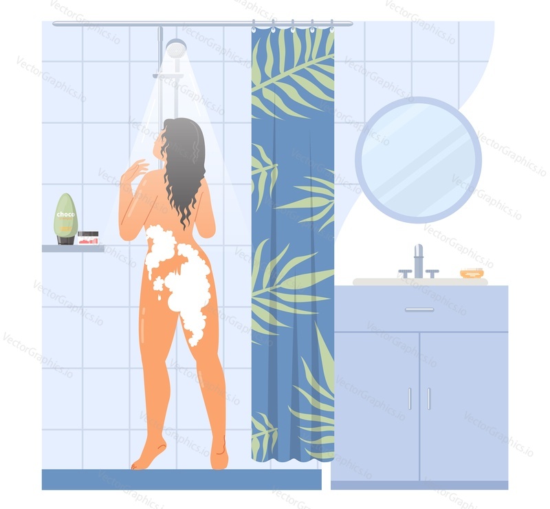 Pretty young woman with perfect body taking shower in home bathroom vector illustration. Hygiene cleanliness and beauty procedure