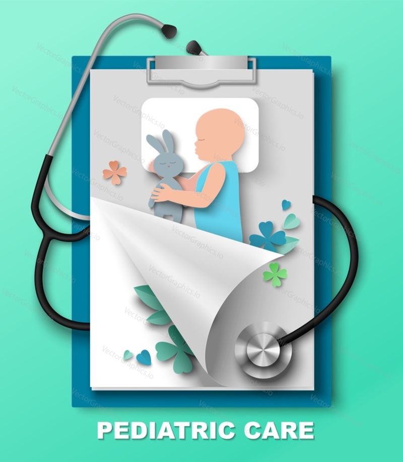 Pediatric care paper cut 3d craft vector poster with little newborn baby child sleeping on pillow over patient card clipboard and stethoscope illustration