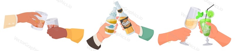 Human hands cheers alcohol drink isolated vector illustration set on white background. Male and female friends, couple arms holding clinking glass and bottles celebrating party, dating, anniversary