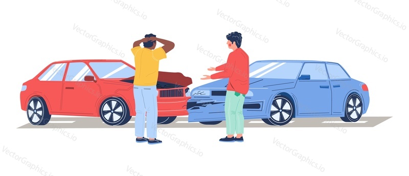 Two cars crash road accident vector illustration. Male frustrated drivers looking at damaged transport smashed vehicles trying to solve problem
