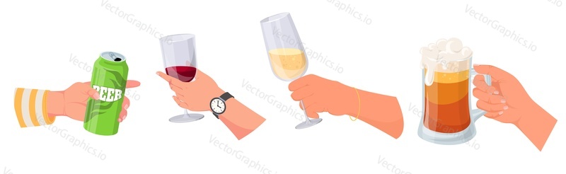 Мужские и женские руки, держащие разные бокалы для алкогольных напитков, изолированные векторные иллюстрации на белом фоне. Человеческие руки с пивной кружкой и бутылкой консервов, шампанским и бокалом для вина