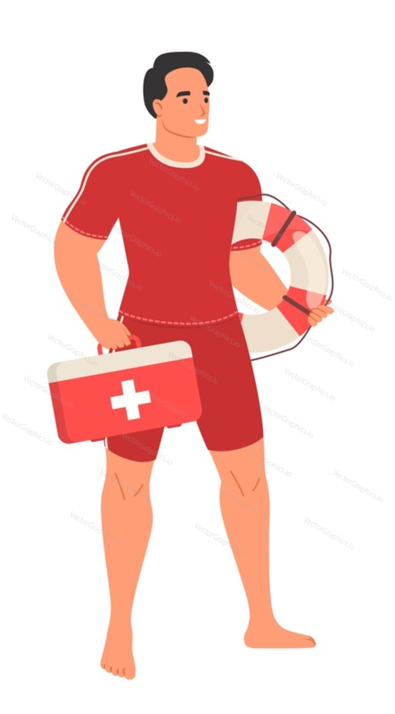 Мужчина-пляжный спасатель в красном купальнике векторная иллюстрация. Спасатель мужского пола держит спасательный буй и коробку с аптечкой первой помощи, стоящую изолированно на белом фоне