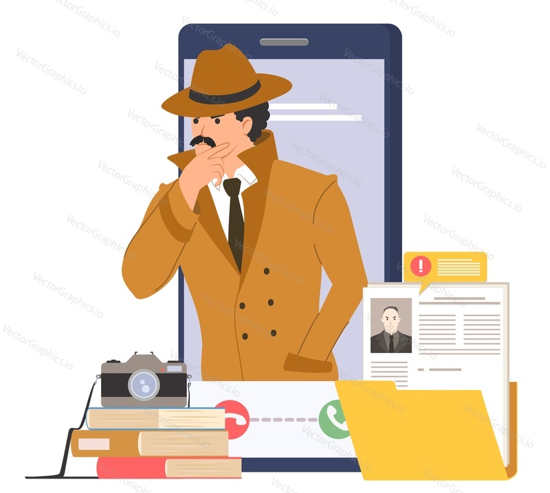 Online detective professional service vector illustration. Agent character investigating crime. Mobile call, clues and offender personal file, photo camera on book stack flat cartoon design