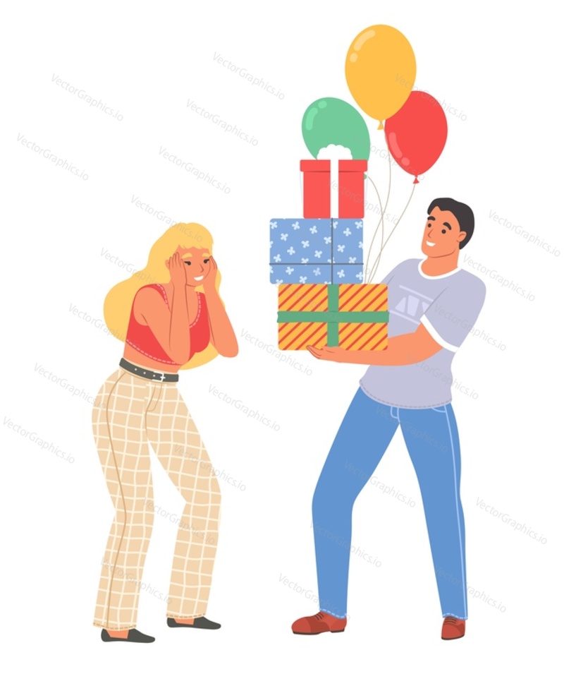 Man presenting gifts wrapped pack and balloons for woman vector illustration. Happy loving family couple with presents isolated on white background. Love relationship and surprise concept
