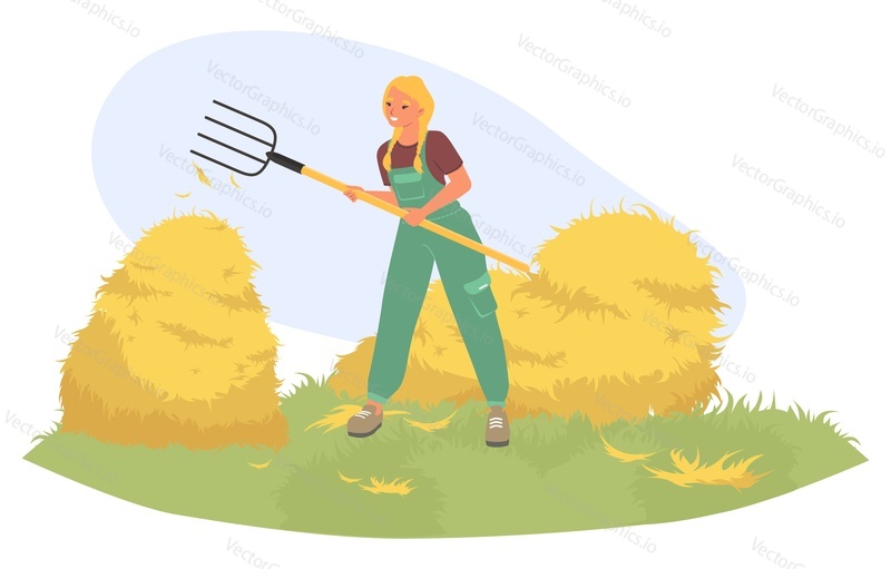 Персонаж молодой женщины-фермера, укладывающей сено вилами в плоскую мультяшную векторную иллюстрацию. Концепция сельской фермерской жизни и сезонных сельскохозяйственных работ