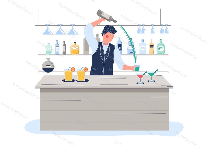 Professional bartender male character cocktail at counter desk vector illustration. Man barkeeper at work over bar background