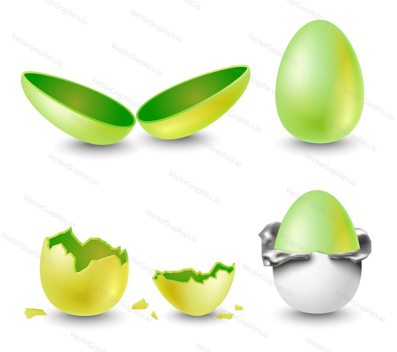 Opened and closed, wrapped and cracked golden egg isolated set. Colorful empty paschal or birthday or surprise eggshell realistic design element vector illustration