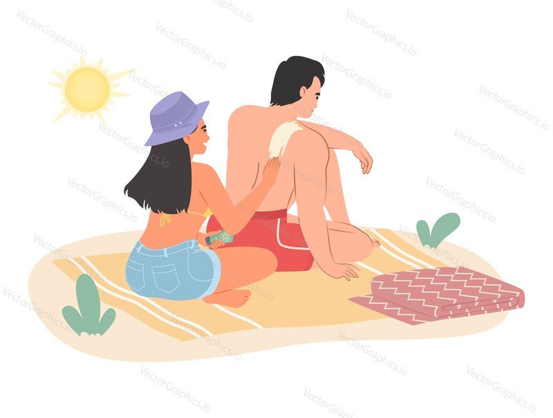 Пара наносит солнцезащитное масло на пляжную плоскую мультяшную векторную иллюстрацию. Мужчина и женщина в отпуске на морском побережье ухаживают за кожей, чтобы защитить тело от солнца. Парень и девушка загорают
