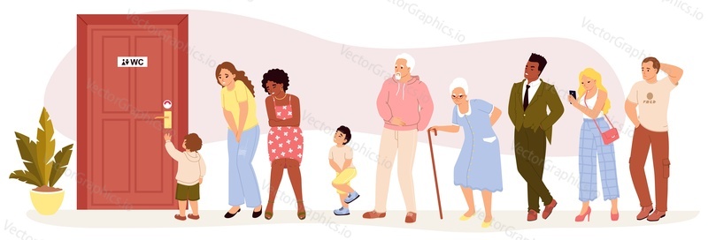 Public WC toilet people queue vector illustration. Man and woman of different age standing in line to restroom waiting at door scene