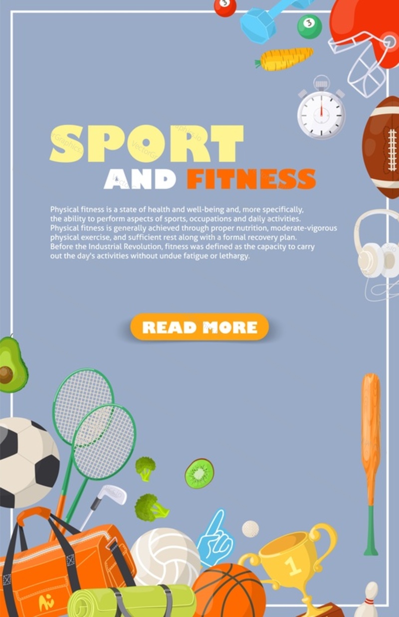 Концепция спорта и фитнеса для векторной иллюстрации шаблона баннера веб-сайта. Предметы спортивного инвентаря, спортивная одежда и аксессуары для фитнеса для рекламы онлайн-сервиса тренировок