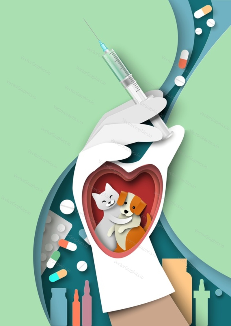 Бумага для вакцинации домашних животных 3d векторный шаблон плаката с рукой ветеринарного врача в резиновой перчатке, держащей шприц, и счастливым милым обнимающимся щенком, иллюстрация персонажей кошки на фоне таблеток