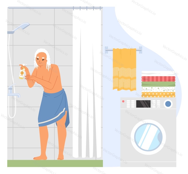 Пожилая женщина принимает душ в домашней векторной иллюстрации в ванной комнате. Концепция повседневной рутины и гигиены