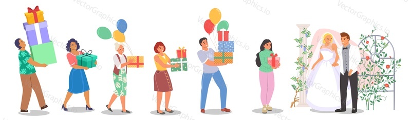 Guests giving wedding gifts to newlyweds vector illustration. Married broom and bride characters smiling anticipating emotion receiving presents