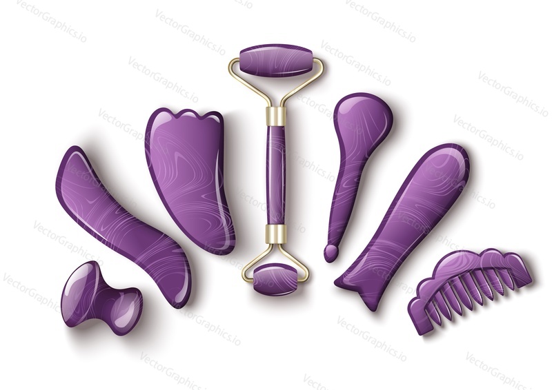 Different type of gouache scraper and rollers, cork and scallop vector illustration isolated on white background. Massaging supplies for relaxation cosmetology procedure