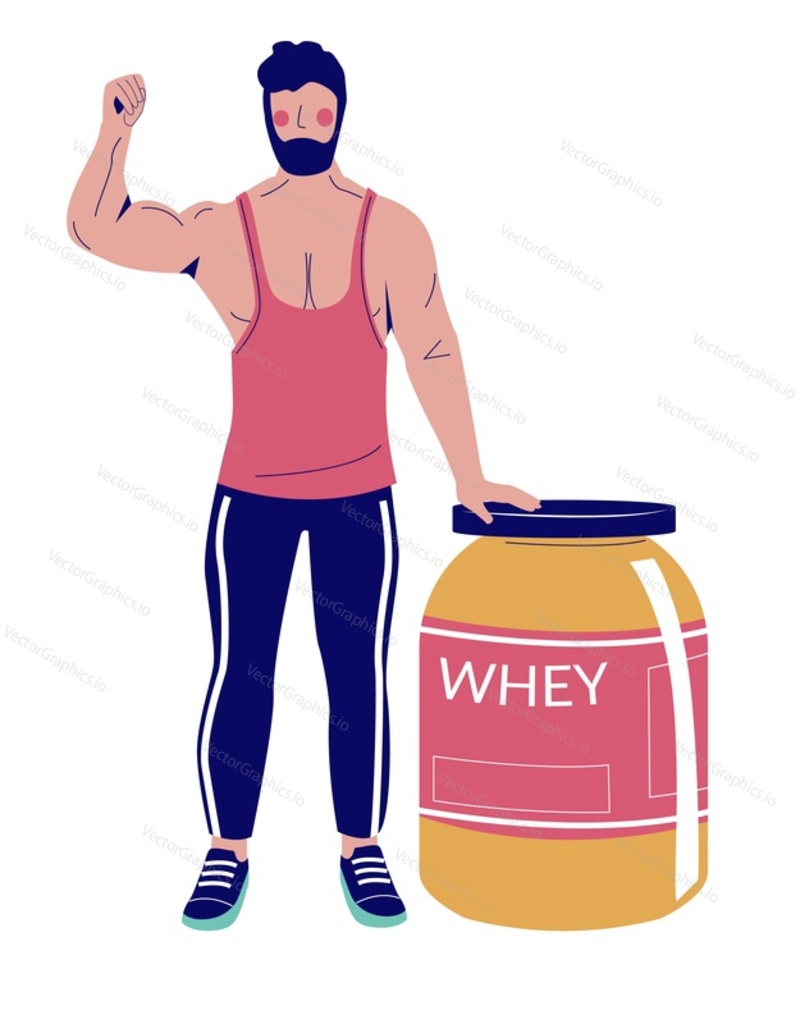 Персонаж спортсмена, рекламирующий векторную иллюстрацию добавки для спортивного питания whey. Мужчина-спортсмен-бодибилдер, стоящий рядом с огромной бутылкой-контейнером с протеиновым порошком