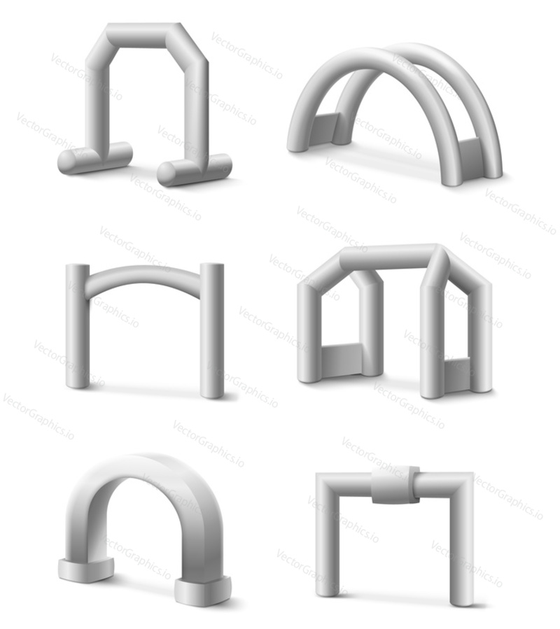 Inflatable arch gates of different shapes for sports competition, events, races, marathon and tournament vector illustration. Start and finish archways 3d composition