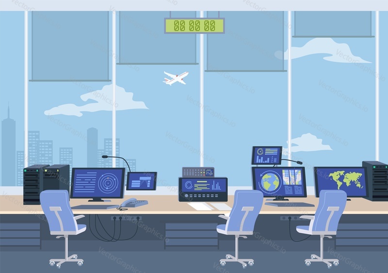 Empty airport control room interior with computer and airplane traffic surveillance technology for international aviation safety management and transportation navigation vector illustration