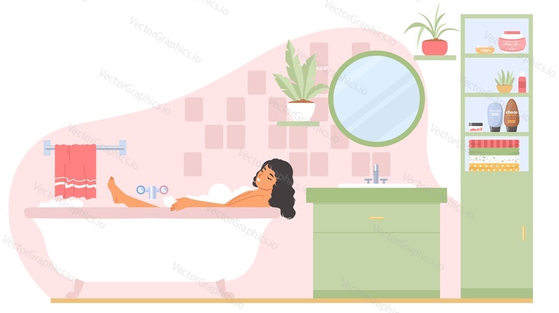 Молодая женщина расслабляется в ванне дома после тяжелого рабочего дня векторная иллюстрация. Сцена женского персонажа, лежащего в ванне