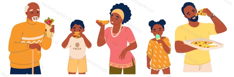 Young adult people and children consuming unhealthy fast junk food vector illustration isolated set on white background. Eating disorder, bad habits and diet problem
