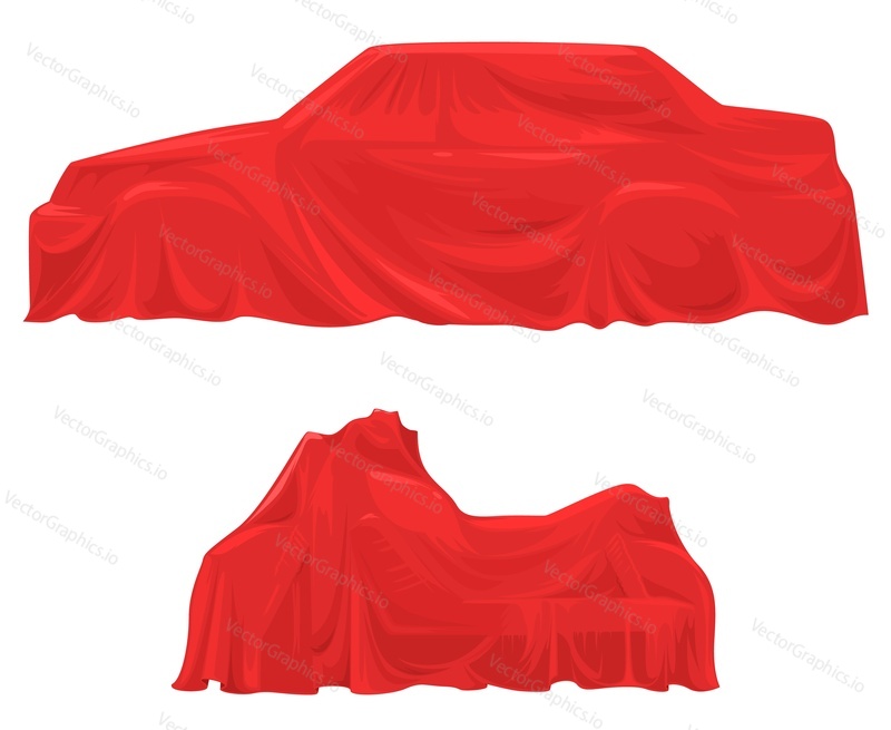 Car and motorcycle hiding under exhibition drapery vector illustration. Different mode of transport vehicles covered with realistic for presentation stage of modern luxury auto show