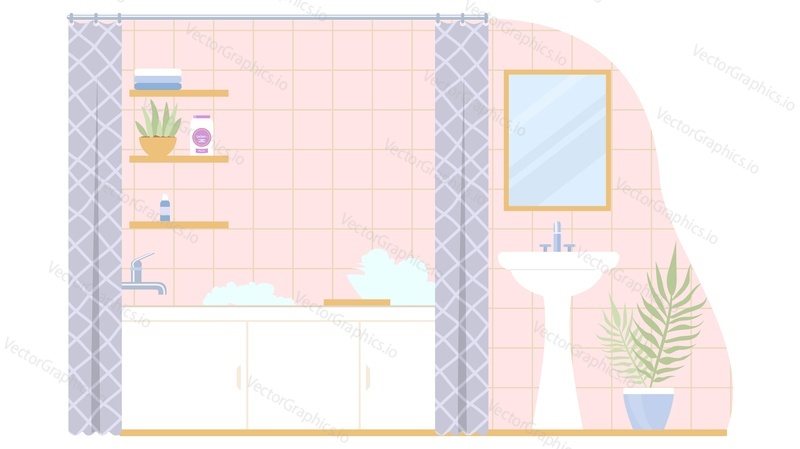 Фон интерьера домашней ванной комнаты с раковиной, ванной и полками на стене для векторной иллюстрации туалетных принадлежностей