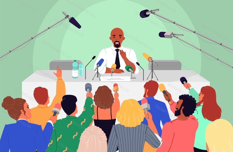 Press conference scene. Vector man speaker at table answering question of interviewer speaking to reporters with microphones illustration. Official meeting, communication with journalists concept