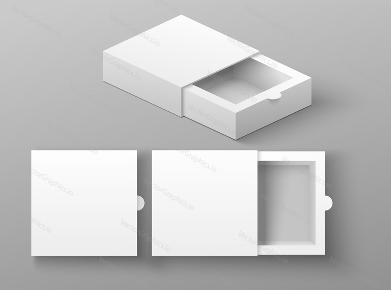 Packaging box realistic design closed and opened mockup. Isolated set of carton container for present, elite gift or product storage