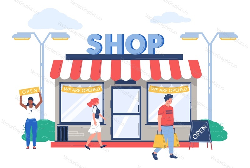 Local market street shop opening event vector illustration. Woman promoter attracting customers and guests for shopping to become first buyers
