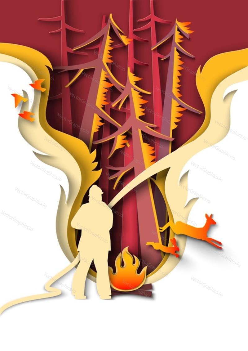 Firefighter extinguishing burning in forest wildland paper cut style vector illustration isolated on white. Fireman holding hose and burning fire blaze growth from campfire. Warning icon design
