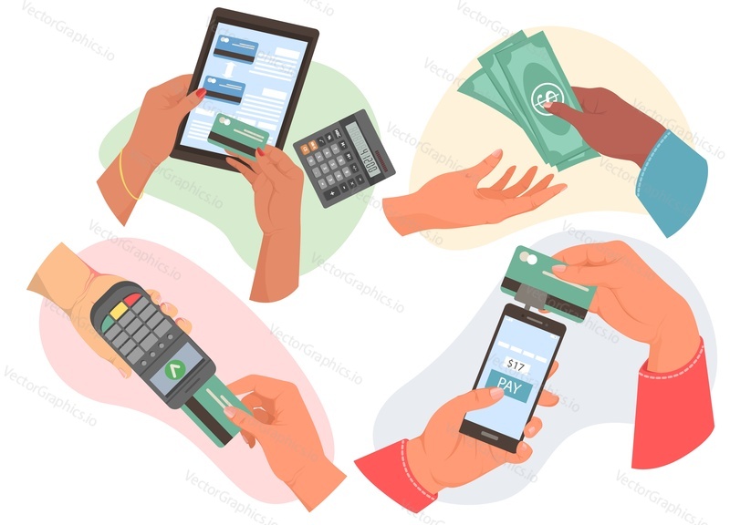Payment via mobile phone application, pos terminal, credit card, online banking account and money cash. Human hands set