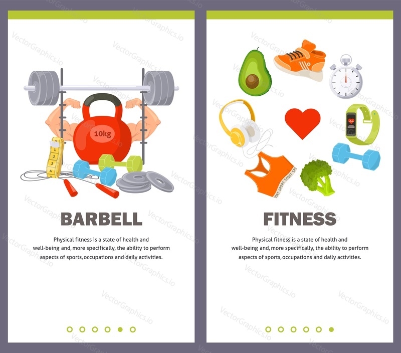 Barbell and fitness concept for mobile application website banner template. Sport equipment for bodybuilding, weightlifting, cross fit training workout vector illustration