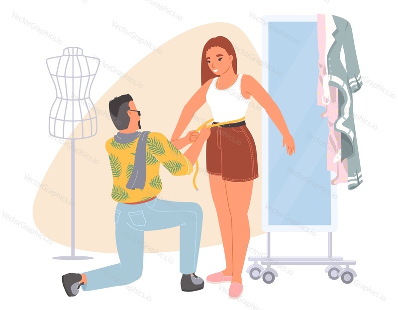 Tailor or designer taking measurement from young pretty woman client at modern fashion atelier studio vector illustration. New trendy outfit or evening dress sewing concept